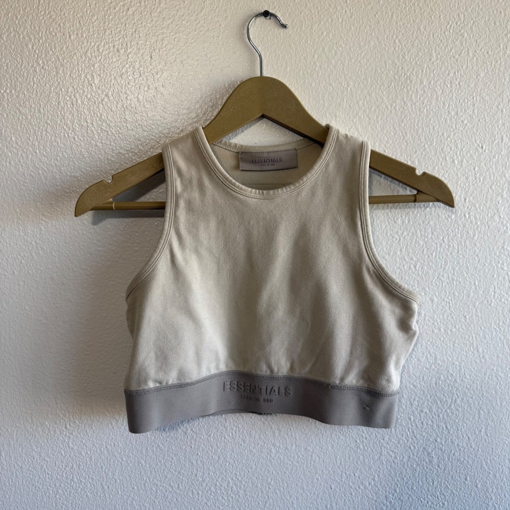 Essentials FOG Size Medium Beige Sports Bra Active Gym Minimalist Travel